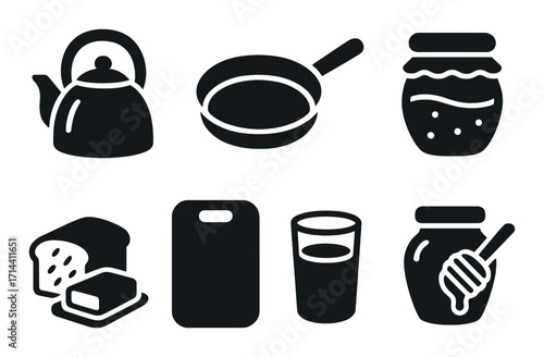 Kitchen utensils silhouette icon set. featuring kettle, pan, jar, bread, chopping board, glass