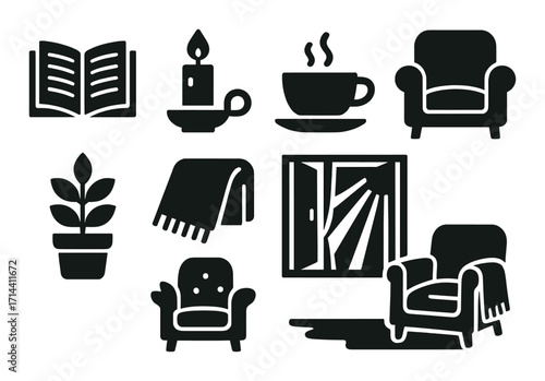 Home decor silhouette icon set. featuring book, candle, coffee, armchair, plant, blanket, window