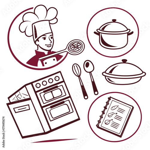 A delightful culinary doodle, featuring a chef, cookware, oven, and recipe book, capturing the essence of cooking and gastronomy with charming simplicity