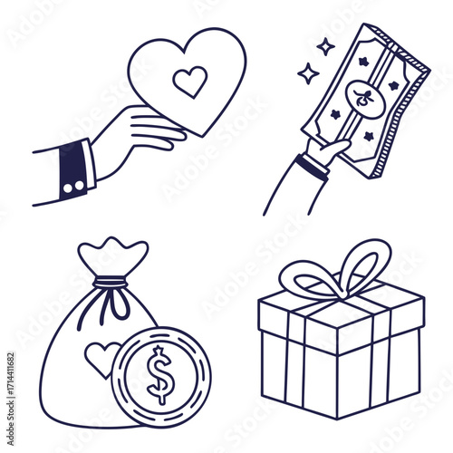 A charming doodle illustration showcases the essence of charity, featuring a heart, money, a bag of coins, and a gift box, all symbolizing generosity and giving