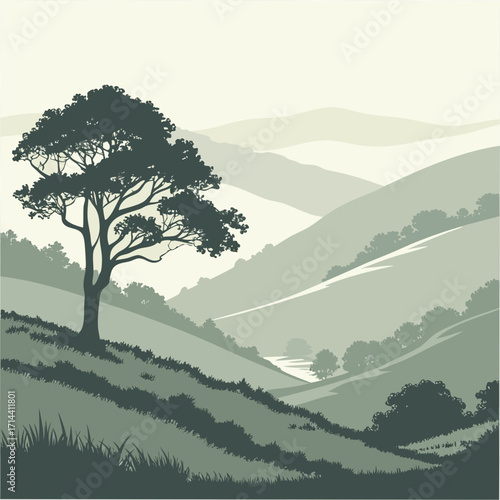 Serene rolling green hills and valleys under a soft sky with a solitary tree on a grassy slope