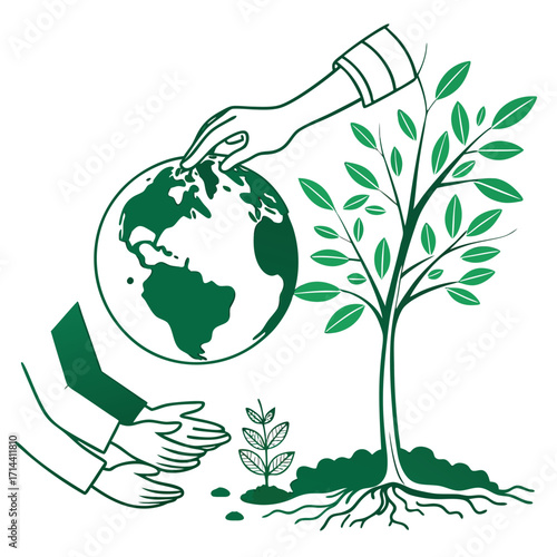 Hands nurturing the planet earth and a growing tree symbolizing environmental protection and sustainable future growth