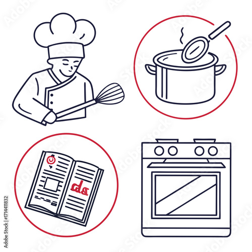 A set of kitchenthemed illustrations showcasing a chef, pot, cookbook, and oven, all within red circles