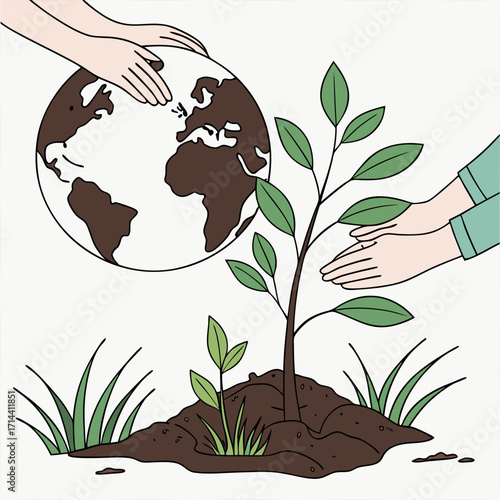 Hands cradling the earth and a young sapling planted in soil symbolizing environmental protection and nurturing our planet s future growth