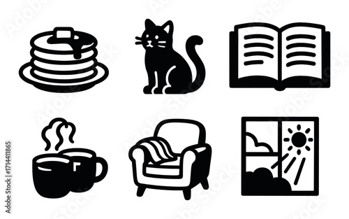 Morning routine silhouette icon set. featuring pancakes, cat, book, coffee, armchair, window