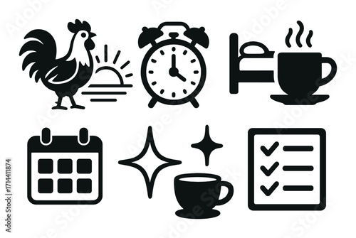 Morning routine silhouette icon set. featuring rooster, alarm clock, bed, coffee, calendar, stars, checklist symbols