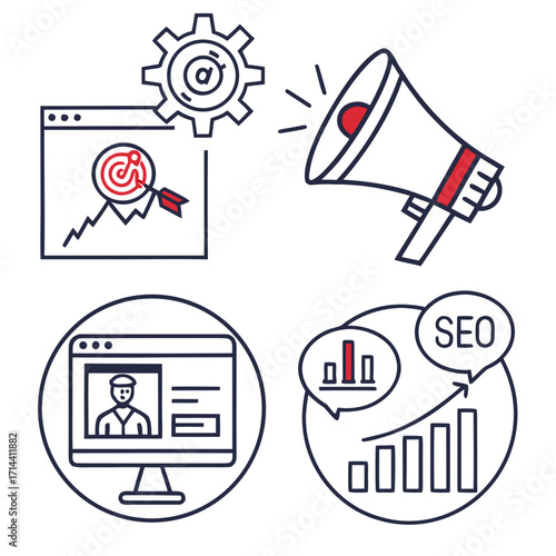 Digital marketing and seo strategy outlined with icons representing website optimization, target audience, content creation, and performance analysis
