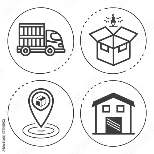 Illustration showing logistics network with delivery truck, cardboard box, warehouse and location pin for supply chain management concept
