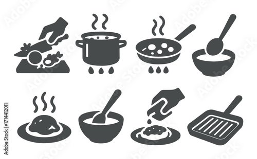 Cooking activities silhouette icon set. featuring chopping, boiling, frying, stirring, and serving symbols