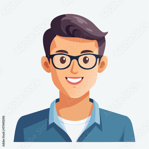 Stylized vector illustration of a smiling young man wearing glasses, a friendly and intelligent character portrait for an avatar or profile