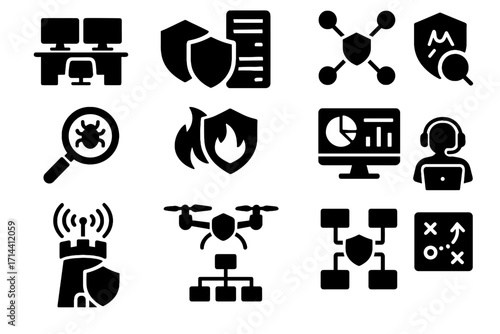 Cybersecurity cyber defense protection intelligence command server soc vector icons siem symbol