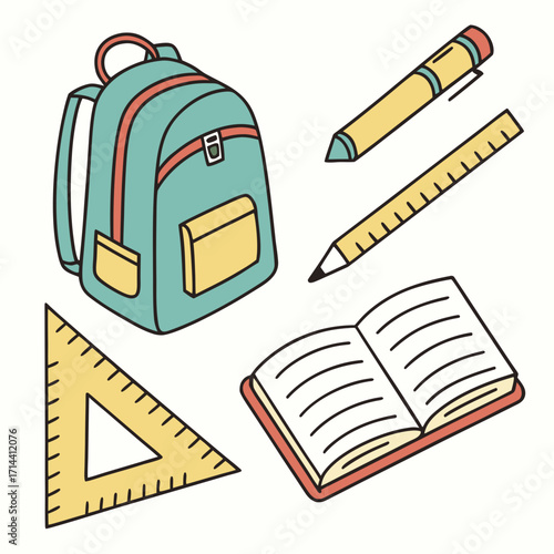 A charming collection of school supplies including a teal backpack an open book a ruler a pencil and a triangle ruler all rendered in a simple clean doodle art style