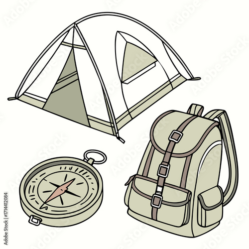 Illustration of camping gear including a tent backpack and compass perfect for outdoor adventure and travel themes