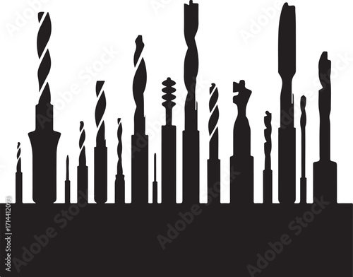 black silhouette of drill bits on white background, vector
