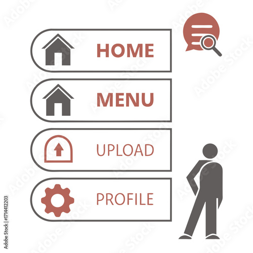 Digital user interface navigation menu with home menu upload and profile options featuring icons and a stylized person silhouette