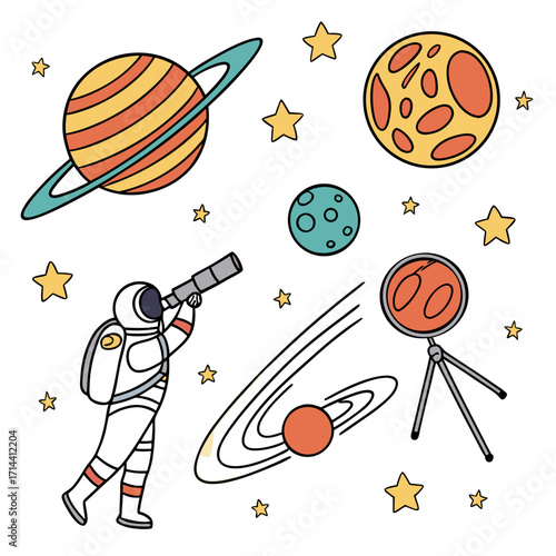 Illustration of an astronaut looking through a telescope at planets and stars perfect for spacethemed designs, educational materials, and childrens illustrations
