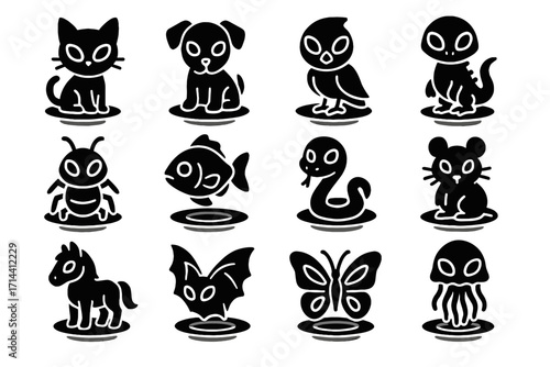 Dog butterfly lizard hologram alien icon bird bug icons vector snake rodent