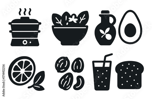 Healthy food silhouette icon set. featuring steamer, salad, oil, avocado, citrus, seeds, juice, and bread symbols