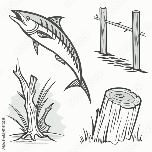 Illustration of a mackerel fish, a wooden fence, a tree trunk, and a tree stump, showcasing a blend of nature and rustic elements in a simple design