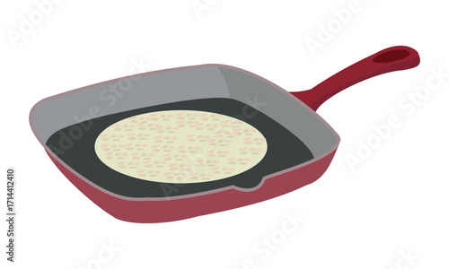 Square frying pan with flatbread cooking, red nonstick skillet