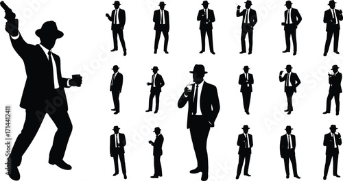 
A vintage-style collection of detective, gangster, and spy silhouettes, with men in classic suits and hats, representing noir mystery and classic crime cinema.