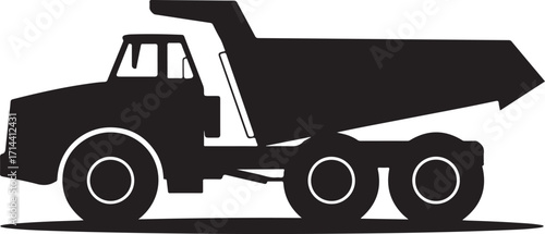  black silhouette of dump truck on white background, vector.