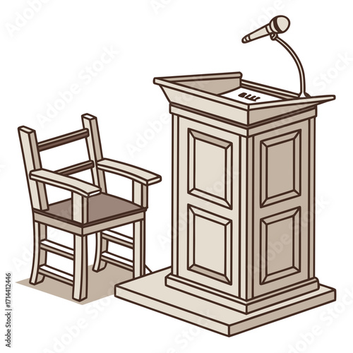 A simple illustration of a wooden podium with a microphone and a chair ready for a speaker or presentation