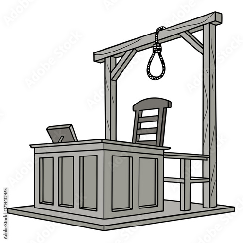 A cartoon drawing of a courtroom bench with a judge s desk and chair and a noose hanging above symbolizing justice and punishment