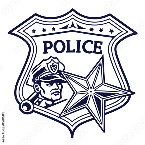 Classic police badge emblem featuring a stern police officer portrait and a prominent star symbol representing law enforcement and justice