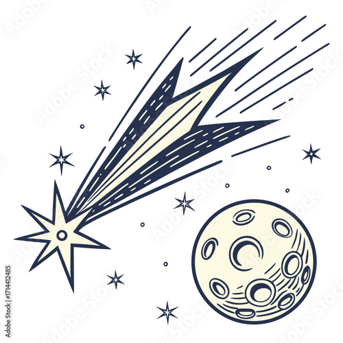Stylized illustration of a bright shooting star streaking across a starry night sky with a whimsical moon in the foreground