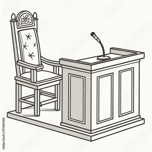 A courtroom judge s bench and ornate chair with a microphone on a podium representing justice and legal proceedings