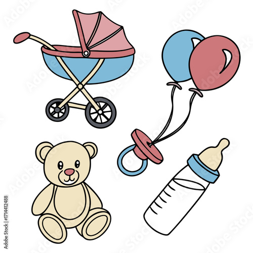 Baby shower invitation card with stroller, balloons, pacifier, teddy bear and baby bottle celebration of a new babys arrival with cute elements