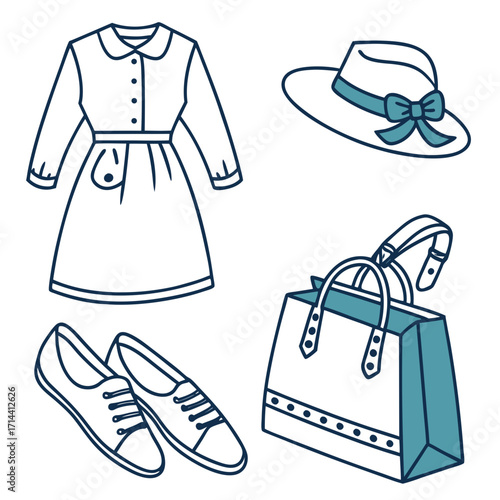 Stylish wardrobe dress, hat, shoes, and bag arranged for a chic ensemble, showcasing fashion and accessories for a contemporary look