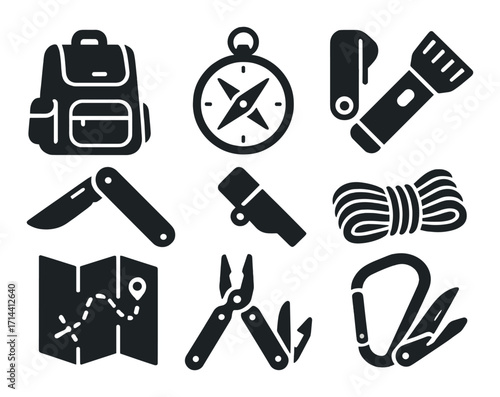 Camping gear silhouette icon set. featuring backpack, compass, flashlight, knife, rope, map, carabiner, tools
