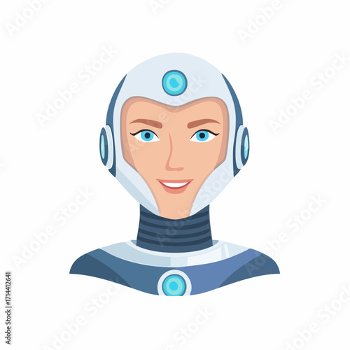 Portrait of a smiling futuristic woman in a white cyborg suit, a humanoid AI character avatar for advanced technology concepts