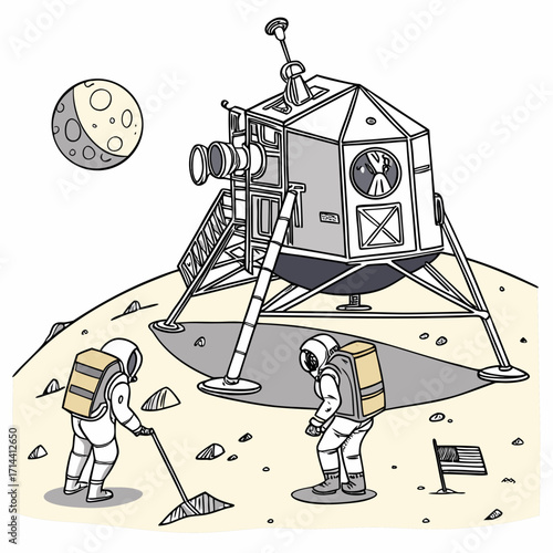 Astronauts exploring the moon surface near a lunar module with the earth visible in the background during a space mission