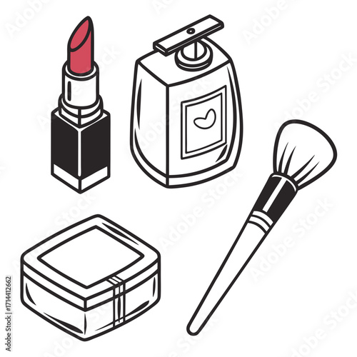 Cosmetic essentials lipstick, lotion, powder, and brush arranged neatly for beauty and makeup concept, showcasing feminine care and style