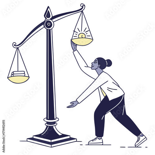 A woman balances a sun symbol on scales against books representing knowledge and learning symbolizing the pursuit of enlightenment and wisdom