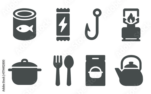 Camping essentials silhouette icon set. featuring canned food, energy bar, fishing hook, gas stove, pot, utensils, food pack, kettle