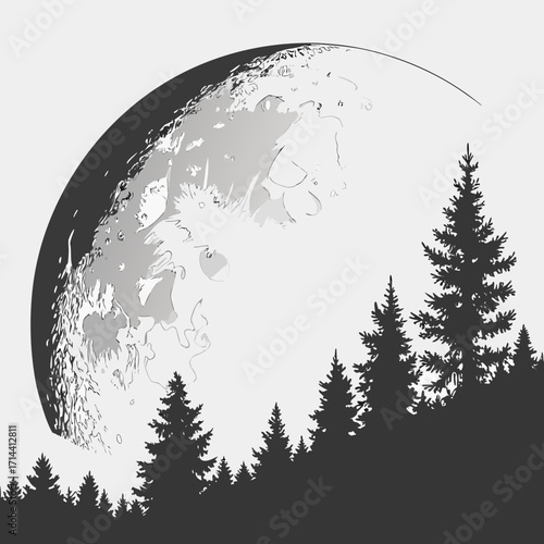 Silhouette of dark pine trees against a large detailed moon with visible craters and texture on a light grey background