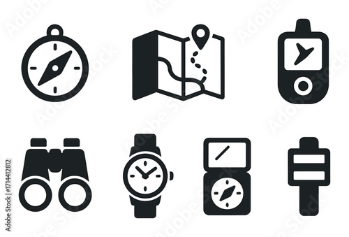 Navigation tools silhouette icon set. featuring compass, map, gps, binoculars, watch, signpost symbols