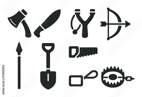 Survival tools silhouette icon set. featuring axe, knife, slingshot, bow, spear, shovel, saw, and trap icons