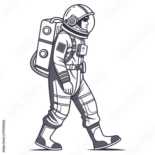 Stylized illustration of an astronaut in a spacesuit with a backpack walking confidently against a white background in a graphic art style