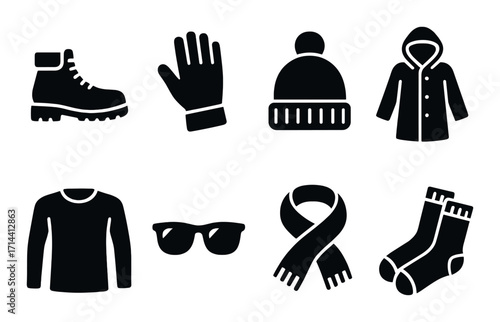 Winter clothing silhouette icon set. featuring boot, glove, beanie, coat, sweater, sunglasses, scarf, socks