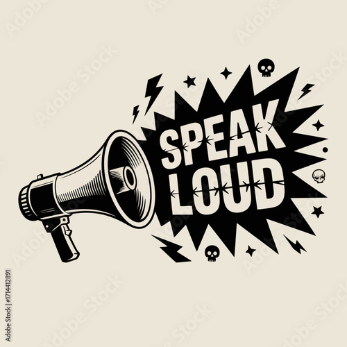 Retro megaphone emitting 'speak loud' message with electric bolts and skulls expressing loud communication and protest vector