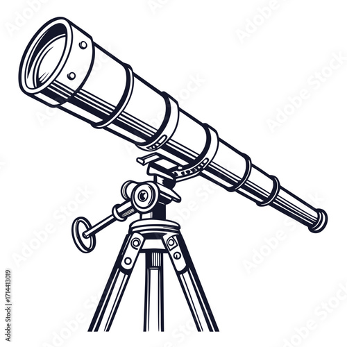 Vintage style illustration of a classic refracting telescope mounted on a sturdy tripod perfect for stargazing and astronomical observation