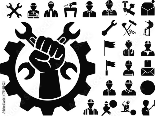 Labor day vector icons set construction worker tools and equipment industry engineering black and white design