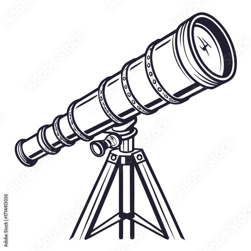 A vintage style black and white illustration of a classic refracting telescope mounted on a sturdy tripod ready for stargazing and scientific exploration