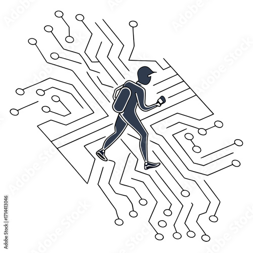 A thief is running on a circuit board, symbolizing data theft and cybercrime it represents the concept of digital security and online threats