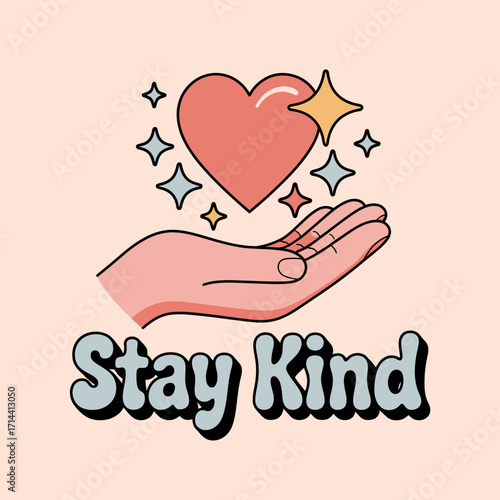 Gentle hand offers love and positivity with sparkling heart and "stay kind" message uplifting symbol for kindness and compassion vector